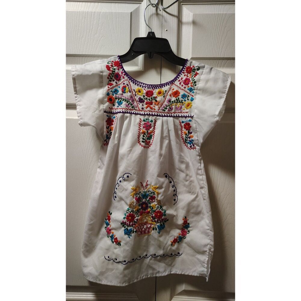 White Youth Large Mexican Multi-Color Boho Floral Embroidered Dress